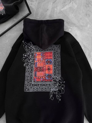 Stil Aura Uzun Kol Kapşonlu Ön ve Arka Baskılı Sweatshirt - Siyah