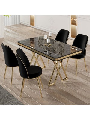 Canisa Vals Serisi 80X130 Lak Panel Gold Detay Siyah Mermer Desen Masa Takımı ve 4 Sandalye
