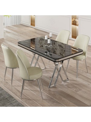 Canisa Vals Serisi 80X130 Lak Panel Krom Detay Siyah Mermer Desen Masa Takımı ve 4 Sandalye