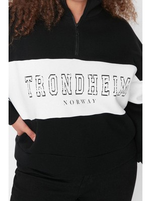 FRM Kadın Büyük Beden Moda Regular Dik Yaka Düşük Kol Regular Fermuarlı Kalın Şardonlu Örme Sweatshirt