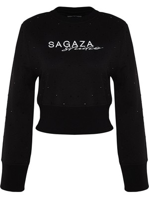 FRM Kadın Moda Şık Regular Bisiklet Yaka Standart Kol Regular Parlak Taş Baskılı Sweatshirt