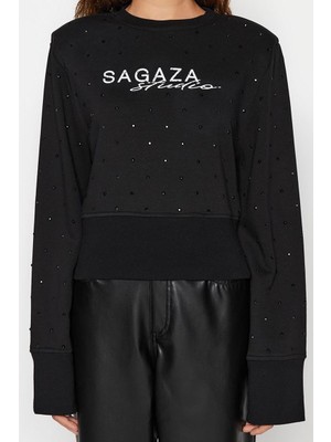 FRM Kadın Moda Şık Regular Bisiklet Yaka Standart Kol Regular Parlak Taş Baskılı Sweatshirt