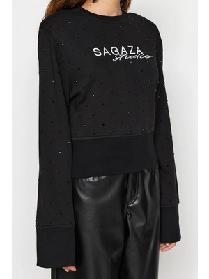 FRM Kadın Moda Şık Regular Bisiklet Yaka Standart Kol Regular Parlak Taş Baskılı Sweatshirt