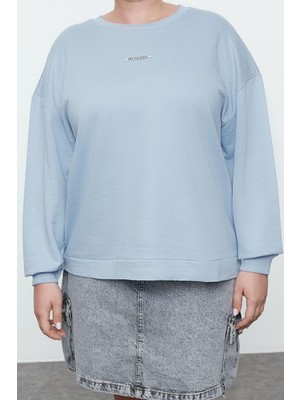 FRM Kadın Büyük Beden Moda Şık Oversize Bisiklet Yaka Düşük Kol Regular Mavi Içi Polarlı Örme Sweatshirt