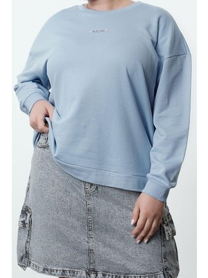 FRM Kadın Büyük Beden Moda Şık Oversize Bisiklet Yaka Düşük Kol Regular Mavi Içi Polarlı Örme Sweatshirt