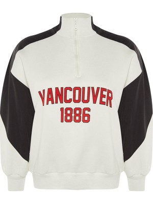 FRM Kadın Büyük Beden Moda Şık Regular Dik Yaka Düşük Kol Regular Baskılı Kalın Şardonlu Örme Sweatshirt