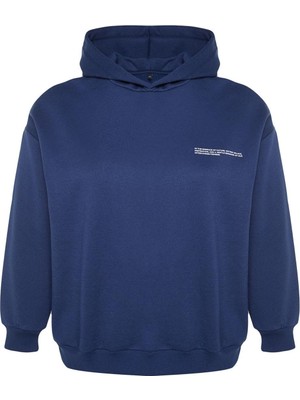 FRM Kadın Büyük Beden Oversize Kapüşonlu Düşük Kol Kalın Içi Polarlı Baskı Detaylı Örme Sweatshirt