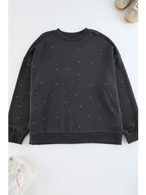 FRM Kadın Büyük Beden Moda Oversize Bisiklet Yaka Düşük Kol Regular Kalın Zımba Detaylı Örme Sweatshirt