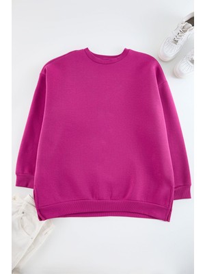 FRM Kadın Büyük Beden Oversize Bisiklet Yaka Standart Kol Kalın Içi Polarlı Yırtmaçlı Örme Sweatshirt