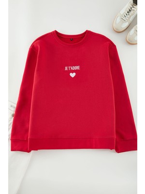 FRM Kadın Büyük Beden Bisiklet Yaka Standart Kol Içi Polarlı Nakışlı Normal Kalıp Örme Sweatshirt