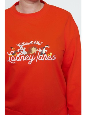 FRM Kadın Büyük Beden Regular Bisiklet Yaka Standart Kol Regular Looney Tunes Lisanslı Örme Sweatshirt