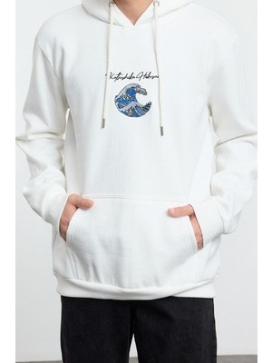 FRM Kadın Moda Şık Bol Kapüşonlu Standart Kol Regular Hokusai Lisans Unıex Normal Kesim Sweatshirt