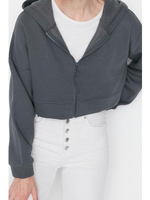 FRM Kadın Moda Relaxed Kapüşonlu Düşük Kol Crop Basic Fermuarlı Crop Kalın Içi Polarlı Örme Sweatshirt