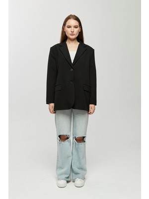 Bolivente Siyah Oversize Dokuma Blazer Ceket