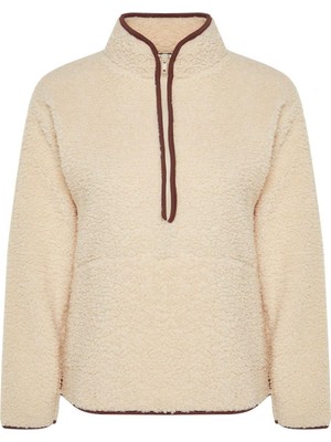 Kadın Moda Şık Regular Dik Yaka Düşük Kol Regular Peluş Örme Spor Sweatshirt