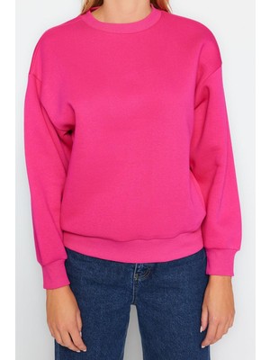 Kadın Regular Bisiklet Yaka Düşük Kol Regular Kalın Içi Polarlı Normal Kalıp Basic Örme Sweatshirt