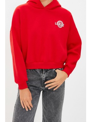 Kadın Moda Şık Relaxed Kapüşonlu Düşük Kol Crop Sırt Baskı Detaylı Kalın Içi Polarlı Örme Sweatshirt