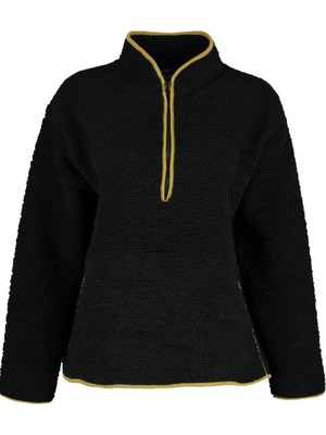 FRM Kadın Moda Şık Regular Dik Yaka Düşük Kol Regular Peluş Örme Spor Sweatshirt