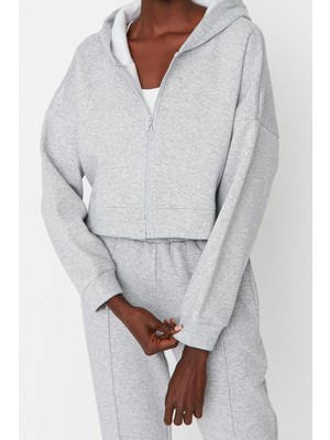 FRM Kadın Moda Relaxed Kapüşonlu Düşük Kol Crop Basic Fermuarlı Crop Kalın Içi Polarlı Örme Sweatshirt