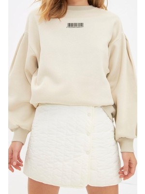 FRM Kadın Bisiklet Yaka Balon Kol Kalın Içi Polarlı Minimal Baskılı Balon Kol Örme Sweatshirt