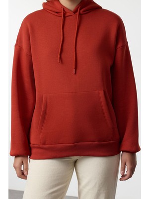 Kadın Moda Şık Oversize Kapüşonlu Düşük Kol Uzun Kalın Içi Polarlı Geniş Kalıp Basic Örme Sweatshirt