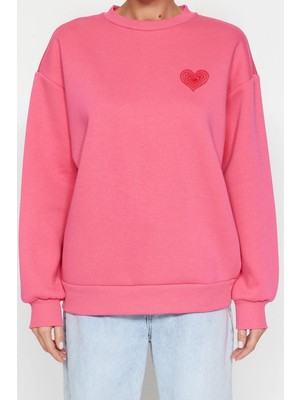 Kadın Oversize Bisiklet Yaka Düşük Kol Uzun Kalın Polarlı  Sırt Kabartma Baskılı Örme Sweatshirt