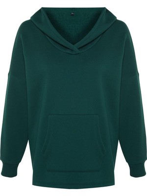 FRM Kadın Büyük Beden Moda Şık Oversize Kapüşonlu Düşük Kol Regular Kalın Içi Polarlı Örme Sweatshirt