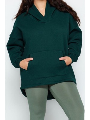 FRM Kadın Büyük Beden Moda Şık Oversize Kapüşonlu Düşük Kol Regular Kalın Içi Polarlı Örme Sweatshirt