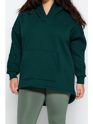 FRM Kadın Büyük Beden Moda Şık Oversize Kapüşonlu Düşük Kol Regular Kalın Içi Polarlı Örme Sweatshirt