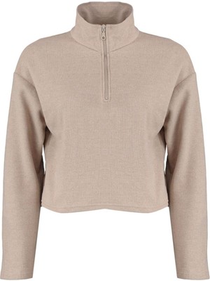 FRM Kadın Fermuarlı Yaka Düşük Kol Selanik Triko Fermuarlı Yaka Normal Kalıp Örme Sweatshirt