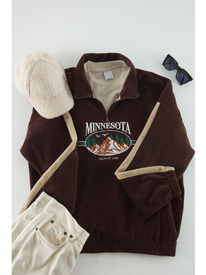 FRM Unisex Moda Şık Oversize Dik Yaka Standart Kol Standart Geniş Kesim Şehir Nakış Polar Sweatshirt