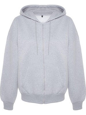 FRM Kadın Oversize Kapüşonlu Düşük Kol Uzun Rahat Kesim Basic Fermuarlı Kalın Polarlı Örme Sweatshirt