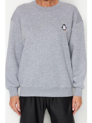 FRM Kadın Bisiklet Yaka Standart Kol Animal Nakışlı Normal Kalıp Kalın Içi Polarlı Örme Sweatshirt