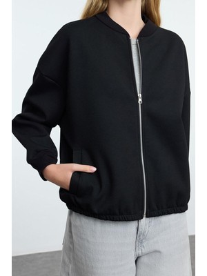 FRM Kadın Moda Şık Oversize Fermuarlı Yaka Düşük Kol Regular Fermuarlı Geniş Kalıp Örme Sweatshirt