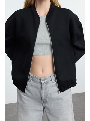 FRM Kadın Moda Şık Oversize Fermuarlı Yaka Düşük Kol Regular Fermuarlı Geniş Kalıp Örme Sweatshirt