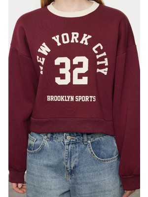 FRM Kadın Oversize Bisiklet Yaka Düşük Kol Crop Slogan Geniş Kalıp Kalın Içi Polarlı Örme Sweatshirt