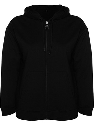 FRM Kadın Büyük Beden Moda Şık Relaxed Kapüşonlu Düşük Kol Uzun Fermuarlı Ince Örme Sweatshirt