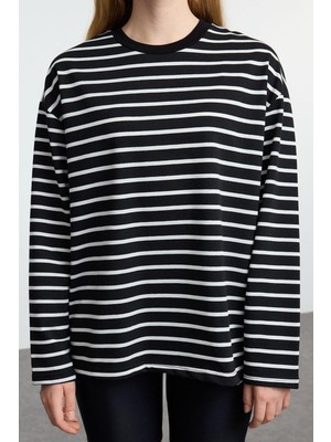 FRM Kadın Moda Şık Oversize Bisiklet Yaka Düşük Kol Uzun Çizgili Geniş Kesim Ince Örme Sweatshirt