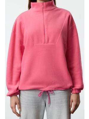 FRM Kadın Moda Şık Regular Fermuarlı Yaka Düşük Kol Regular Fermuarlı Polar Normal Kesim Örme Sweatshirt