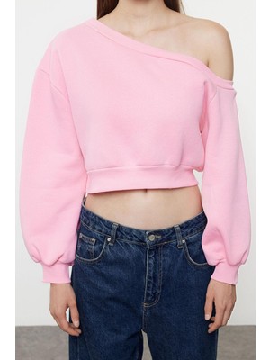 FRM Kadın Asimetrik Yaka Balon Kol Crop Kalıp Kalın Içi Polarlı Crop Asimetrik Yaka Örme Sweatshirt