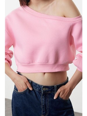 FRM Kadın Asimetrik Yaka Balon Kol Crop Kalıp Kalın Içi Polarlı Crop Asimetrik Yaka Örme Sweatshirt