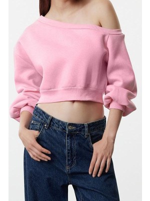 FRM Kadın Asimetrik Yaka Balon Kol Crop Kalıp Kalın Içi Polarlı Crop Asimetrik Yaka Örme Sweatshirt