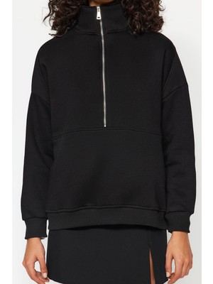 FRM Kadın Oversize Dik Yaka Standart Geniş Kalıp Yarım Fermuarlı Kalın Polarlı Örme Sweatshirt
