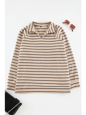 Kadın Büyük Beden Oversize Polo Yaka Düşük Kol Çizgili Geniş Kalıp Selanik Polo Yaka Örme Sweatshirt