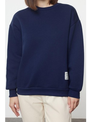 FRM Kadın Moda Şık Regular Bisiklet Yaka Düşük Kol Regular Etiket Detaylı Örme Sweatshirt