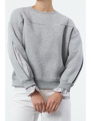 FRM Kadın Relaxed Bisiklet Yaka Düşük Kol Dokuma Detaylı Rahat Kalıp Kalın Içi Polarlı Örme Sweatshirt