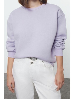 FRM Kadın Regular Bisiklet Yaka Düşük Kol Regular Kalın Içi Polarlı Normal Kalıp Basic Örme Sweatshirt