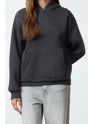 FRM Kadın Moda Şık Relaxed Kapüşonlu Düşük Kol Uzun Taşlı Rahat Kalıp Kalın Içi Polarlı Örme Sweatshirt