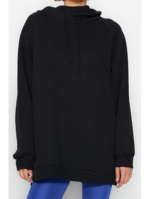 FRM Kadın Moda Şık Bol Kapüşonlu Düşük Kol Uzun Şardonlu Örme Sweatshirt