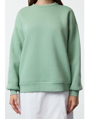 FRM Kadın Moda Oversize Bisiklet Yaka Düşük Kol Uzun Rahat Kesim Basic Kalın Içi Polarlı Örme Sweatshirt